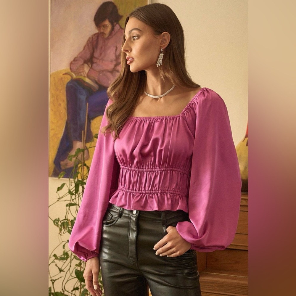 NWT MITTOSHOP Satin Square Neck Blouse Top in Pink